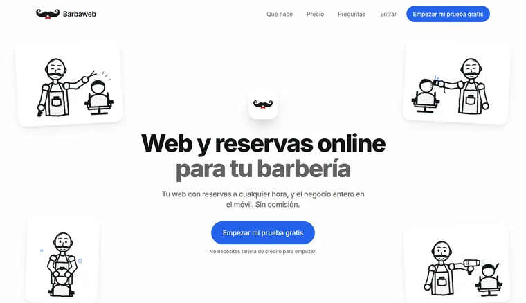 Portada de Barbaweb: «Web y reservas online para tu barbería», con el botón de prueba gratis y cuatro dibujos de un barbero trabajando