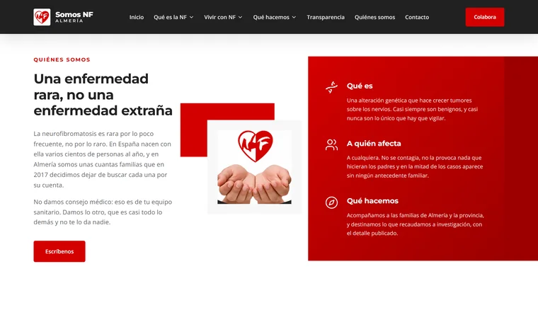 La web de Somos NF Almería: menú, el bloque «Una enfermedad rara, no una enfermedad extraña» y un panel rojo que explica qué es, a quién afecta y qué hace la asociación
